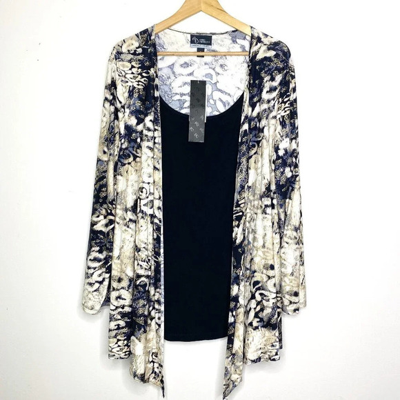 NWT Catherines 1X Blouse Gold Blue Marble Animal Print Long Sleeve Layered Top - Picture 1 of 13